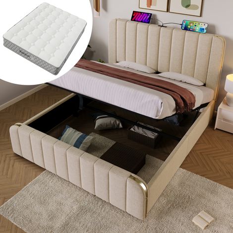 Lit double rembourré 140 x 200 cm lin beige, détails dorés, hydraulique, tête de lit moelleuse, avec matelas, capacité 181kg