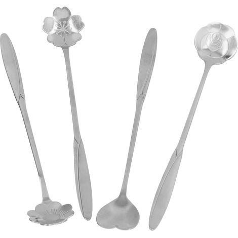 4er-Set Rührlöffel, herzförmige Kaffeelöffel, Edelstahl-Dessertlöffel, Eisteelöffel, silberfarben (1/5)