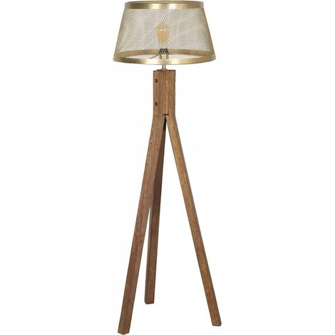 Lampadaire trépied en bois de manguier abat jour doré élégant - Bois naturel et doré (1/3)