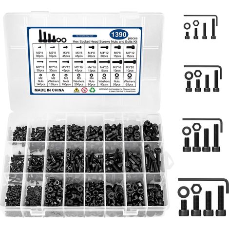 Lot de 1390 vis à bois M2 M3 M4 M5 à tête fraisée - Vis auto-taraudeuses en métal avec boîte de rangement - Assortiment pour meubles, décoration de la maison et plus (1/5)