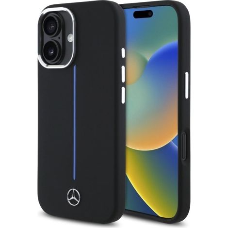 Mercedes MEHMP16S23SUMBK iPhone 16 6.1 negro/negro funda rígida de silicona con franja azul MagSafe (1/5)