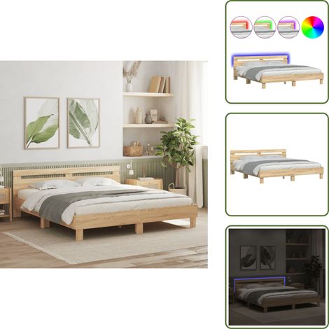 Bettgestell mit Kopfteil und LED-Beleuchtung Sonoma-Eiche - Bettsofa - Holzbettwagen - Doppelbett - Boxspringbett - Etagenbett (1/5)