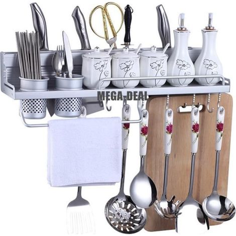 Mega-Deal Support mural à épices, couteau de cuisine, Organiseur de cuisine, étagère murale en aluminium avec crochets et 2 pots (1/4)
