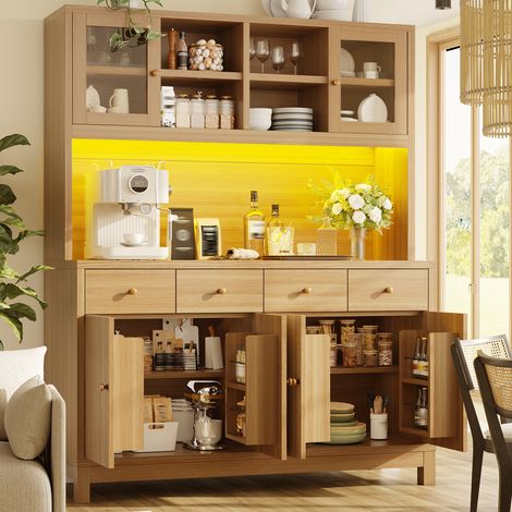 Buffet haut 140x38,5x180cm avec LED RGB pilotée par appli, portes vitrées & 4 tiroirs, étagères réglables, finition bois naturel, charge max 100kg (1/5)
