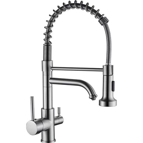 Robinet de cuisine à 3 voies avec douchette extractible, mitigeur d'eau potable en laiton, bec pivotant à 360°, finition nickel brossé (1/5)