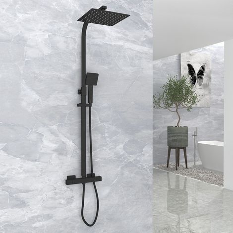 Black Thermostatic Shower Mixer Set Square Shower Kit 10 Inch Stainless Steel Overhead Shower Brass 38°C Thermostatic Valve (1/5)