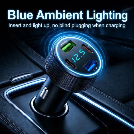 Allume Cigare USB 67,5 W, 4 Ports avec Chargeur Voiture, Compatible USB C PD 30 W et USB A QC 22,5 W, Allume Cigare USB Rapide 12 V 24 V, avec Voltmètre LED, Compatible Phone Samsung Android Type C (1/2)
