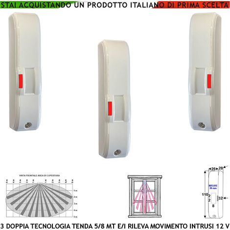 Sensore di Movimento 3 Doppia Tecnologia Tenda Infrarosso e Microonda Portata 5 MT Antifurto Ballatoio Interno Porticato Rileva Intrusi Invia Allarme Aliment. 12 V Assorb. 10 mA Cover Bianca ABS IP44 (1/4)