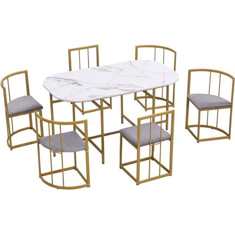 Ensemble Table à Manger - Ovale 140x80cm - 6 Chaises Velours Gris - Cadre en Fer Noir - Design Contemporain (1/5)