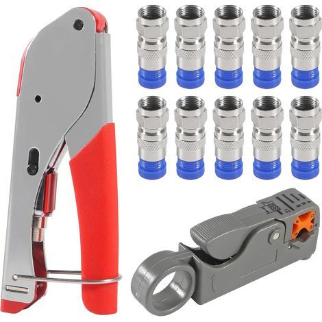 Kit de sertissage câble coaxial, ensemble outils avec pince à dénuder et 20 connecteurs F compression, pour câbles RG6 et RG59 (1/5)