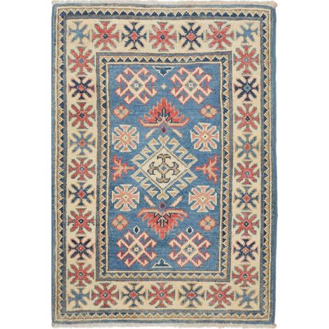 Tapis salon 61 x 89 cm, motif géométrique, bleu, beige et rouge, en laine, noué à la main, authentique (1/5)