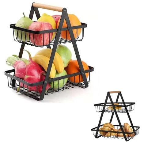 corbeille de fruits pour comptoir de cuisine, corbeille de légumes pour cuisine corbeille de rangement bois de fer organiseur de fruits double couche corbeille à pain pour cuisine(Le noir) (1/4)