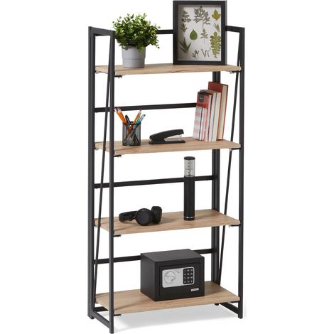 Bibliothèque Pliable, Cadre Métallique, 4 Étagères en Bois, pour Salon, Chambre à Coucher, Bureau à Domicile, Montage Facile, Chêne, 29,5cm x 60cm x 125 cm (1/5)