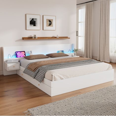 letto matrimoniale 180x200 USB LED 2 cassetti bianco HAVRYA