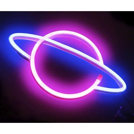 Panneaux lumineux planète - Lampes murales néon LED planète rose/bleue, alimentées par piles ou USB, décoration lumineuse planète pour la maison (1/3)