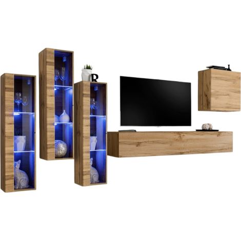Composizione murale SWITCH XIII - Mobile TV, vetrine LED e cubo - Rovere Wotan - Design moderno
