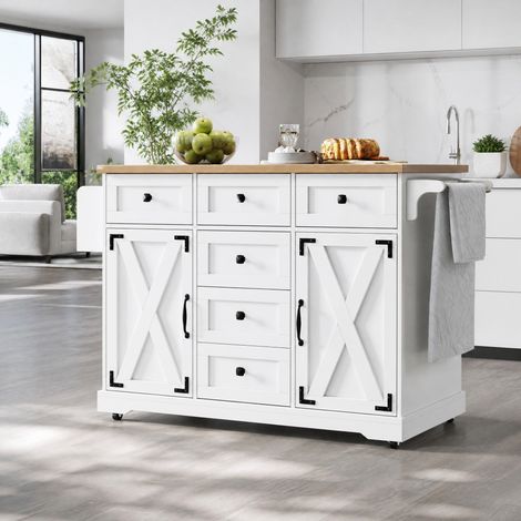Îlot de cuisine pliant avec grand espace de rangement, 147 x 44 x 93 cm, MDF et métal, blanc HAVRYA (1/5)