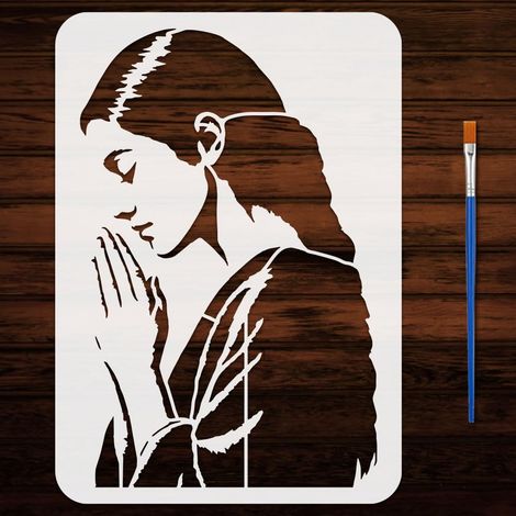 Pochoir Femme en Prière Avec Pinceau Plastique 21x29.7cm Pochoir Réutilisable Femme Priant Gabarit Thème Personnage pour Peinture sur Bois, Mur, Toile, Tissu et Meuble (1/5)