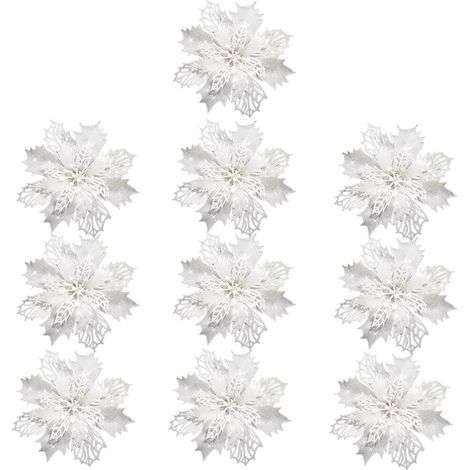 Lot de 10 poinsettias artificiels de 11 cm, à paillettes, pour décorer un sapin de Noël et vos fêtes. (1/5)