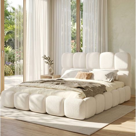 Lit coffre 160x200 cm avec rangement et tête de lit, sommier à lattes inclus, en tissu, blanc, sans matelas (1/5)