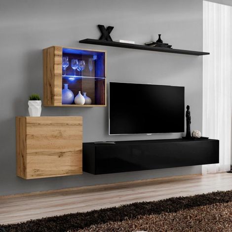 Meuble TV Mural Design "Switch XV" 260cm Noir & Naturel (1/4)