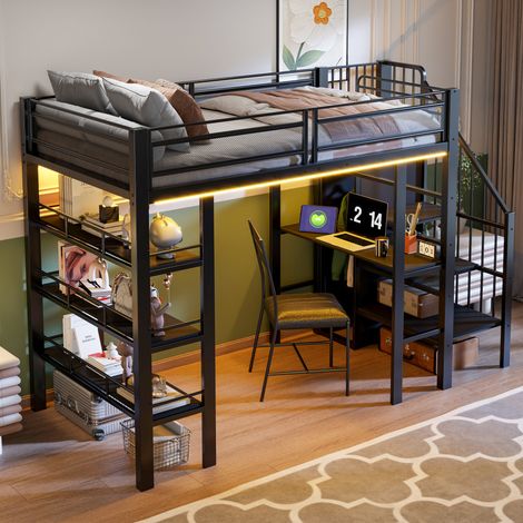 letto 90x200 con scrivania LED salvaspazio nero OKMYHOME (1/5)
