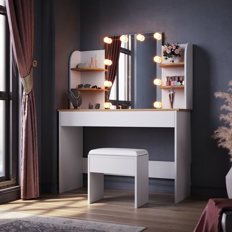 ELEGANT Dressing Table with LED Lights, Three lights mode Vanity Table, Makeup Desk with Drawer and Open shelves 108x40x140cm, White/Oak
