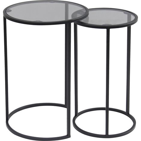Hallowood Furniture Bourton Small Black Metal Round Nest of Tables Set of 2, Tinted Glass Top Coffee Table, Nesting Glass Side Tables For Living Room, Bedroom or Hallway (1/5)
