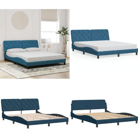 Cadre de lit sans matelas bleu 160x200 cm velours - Lit Plateforme - Lit Double - Lit Design - Lit Capitonné - Literie - Home & Living (1/5)