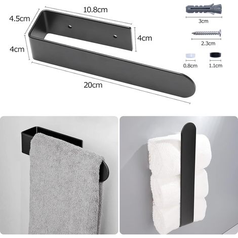 Lot de 2 Porte-serviettes Muraux 20cm, Alliage Aluminium, Noir Mat, Sans Perçage ou à Visser, Salle de Bain Cuisine (1/5)