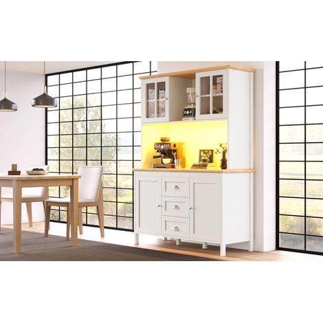 Buffet de rangement avec éclairage LED, meuble colonne pour cuisine, armoire haute 120x40x179 cm, 4 portes, 3 tiroirs, finition blanc et noir (1/5)