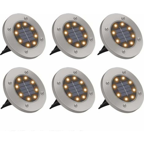 Confezione da 6 luci solari da esterno a 8 LED, luci solari da terra impermeabili IP65, faretti solari da esterno in acciaio inossidabile, luci da giardino bianche calde per cortile, sentiero, patio, (1/4)