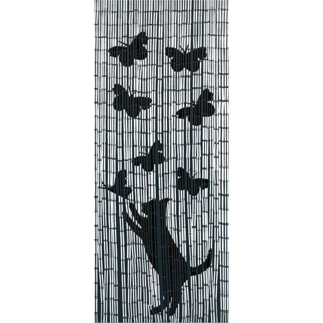 Wenko – Rideau de porte en bambou motif chat et papillons – Protection anti-insectes – Dimensions 90x200 cm – Fabrication artisanale