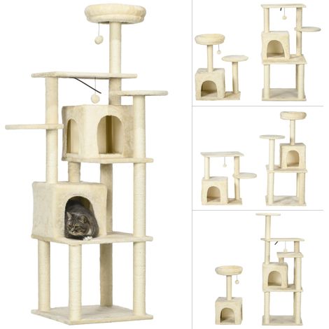 Katzenbaum, Kletterbaum, Kratzbaum, 171 cm hoch, mit 2 Höhlen, 6 Plattformen und 2 Hängebommeln, beige
