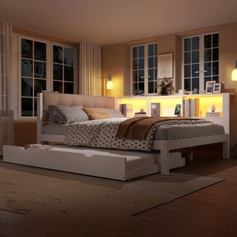 Lit de jour, canapé-lit, 140x200cm, lit simple (sans matelas), avec lit gigogne, bande LED à intensité variable, étagère pratique, port USB, 140x200cm, pin, blanc, garantie 2 ans (1/5)