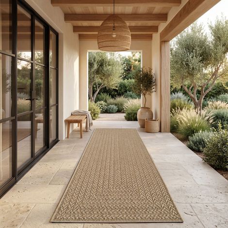Paco Home Tappeto Da Esterno Impermeabile Balcone Soggiorno Boho Geometrico Sisal Tinta Beige 80x250 cm