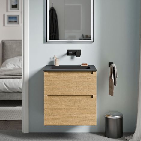 BERNSTEIN - Mueble lavabo suspendido MDF roble miel, lavabo fundición negro mate sin orificio grifería, cajone giratorio 60x46x62cm VIREO Roble Miel Oro, Negro mate sin orificio para grifería