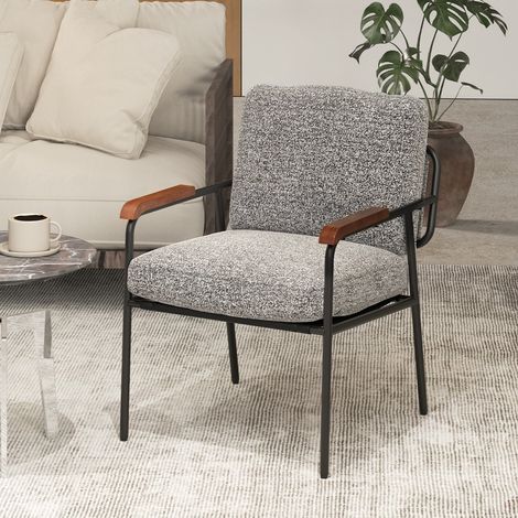 Fauteuil d’Accent Chaise de Salon avec Coussin Dorsal Siège Large Rembourré Accoudoirs en Bois Massif Cadre en Métal Chaise de Lecture Gris (1/2)