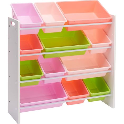 Rangement Pour Jouets Avec 12 Bacs En Plastique - Bois Blanc Avec Bacs Roses, 10.9" X 33.6" X 31.1" (1/5)