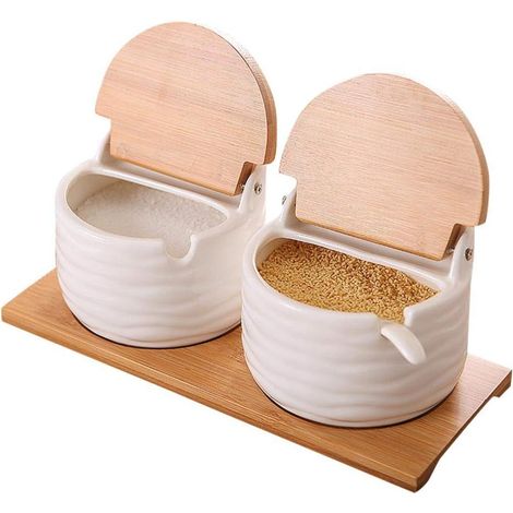 Tarro de especias de cocina, cuenco de cerámica con tapas de bambú y cucharas de azúcar de porcelana, recipiente para condimentos, tarros de especias, caja de condimentos para el hogar