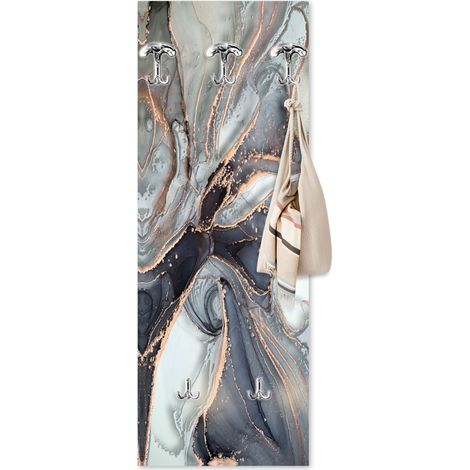 Lupia - Appendiabiti da Parete moderno con pannello in legno Stampato, MARBLE WAVES GREY 46x125 cm, Design Marmo Astratto, 5 Ganci in metallo, Stampa HD, ingresso soggiorno camera da letto