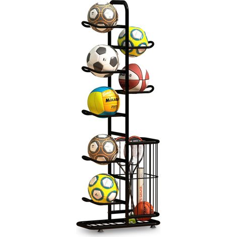 Relaxdays ball rack, 7 balls, with basket, metal, HxWxD: 146 x 58 x 23.5 cm, ball holder for basketball, football, black