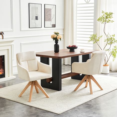 Ensemble de 2 chaises pivotantes 360° haut dossier pour salle à manger, velours texturé beige clair, pieds en bois massif, style scandinave & moderne (1/4)