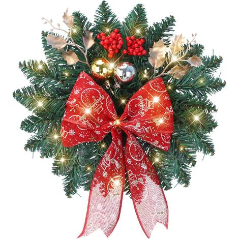 Couronne de Noël éclairée avec lumières LED, boules à nœud rouge, fonctionne à piles, pour fenêtre de maison, mur, porte d'entrée (1/5)