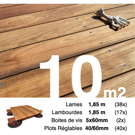 Kit complet terrasse bois exotique JATOBA pour 10 m² • Lames 1,85 m, lambourdes 1,85 m, plots réglables et visserie Inox • Livraison gratuite