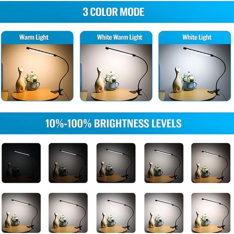 Tischleuchte mit Klemme, USB-Anschluss, LED-Tischleuchte, 360° flexibler Schwanenhals, 3 Farbmodi, 10 Helligkeitsstufen, ideal für Büro, Arbeitszimmer oder Schlafzimmer. (1/5)