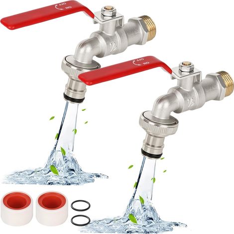 Lot de 2 robinets de jardin 1/2" en laiton, antirouille et antigel, universel, pour le jardin, avec 2 raccords de tuyau, 1 bande d'étanchéité à rouleau, pour machine à laver, citerne d'eau de (1/5)