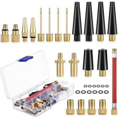 Embout Pompe Velo, 33 Pièces Embout Gonfleur Ballon, DV SV AV Adaptateur Pompe Velo avec Boîte de Rangement，Adaptateur de Valve avec Tuyau de Gonflage, pour Vélo, Pompe à Vélo et Compresseurs Pompes (1/4)
