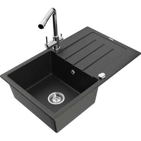 Mexen Bruno fregadero de granito de 1 cubeta con escurridor y grifo de cocina Duero, negro/metálico dorado - 6513-75-671600-00 (1/5)