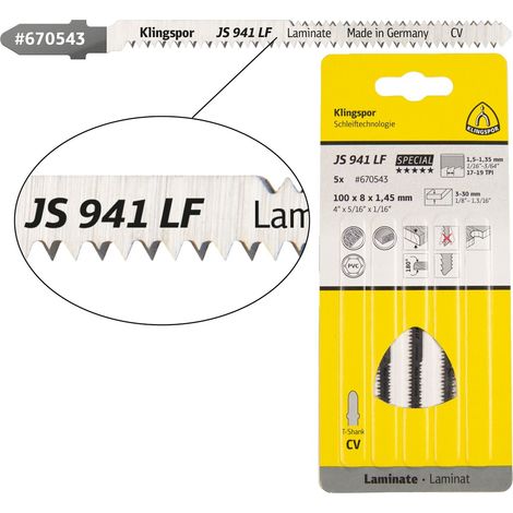 Klingspor JS 941 LF Stichsägeblätter, 100 x 5 x 1,45 mm Nutzlänge 75Crom-Vanadium, kreuzgeschliffen, konisch , 17-19 Zähne pro Zoll, SB-verpackt im Ka